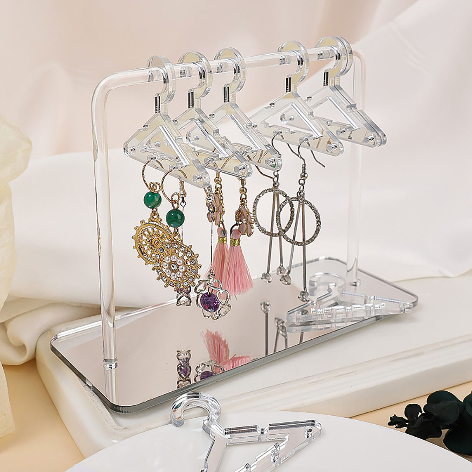 Farfi Earring Holder Stand Cloth-horse Shape Multi-holes Acrylic Clothes  Hanger Earring Storage Display Home Supply (Silver)